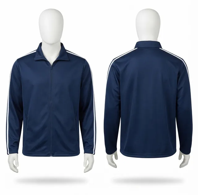 Navy & White Stripe-Sleeve Track Jacket