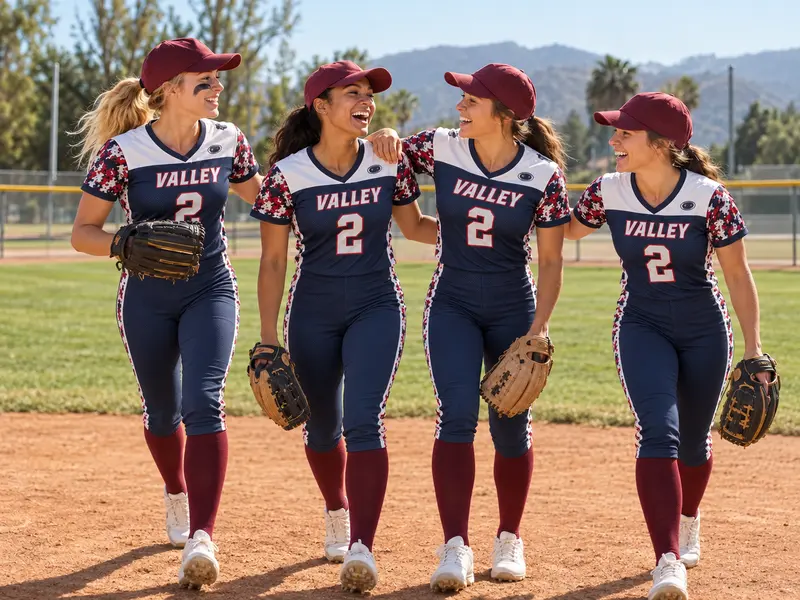 Softball teammates wearing coordinated navy, white and red uniforms