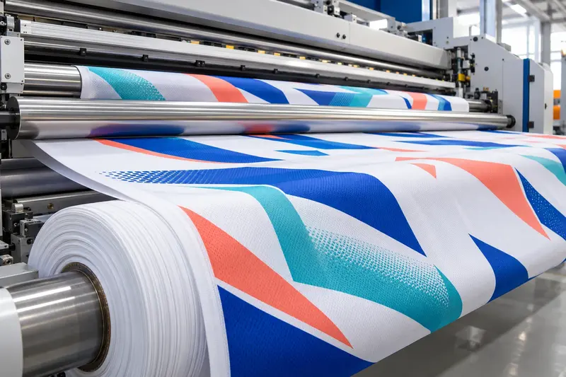 Colourful jersey graphics moving through a textile printer