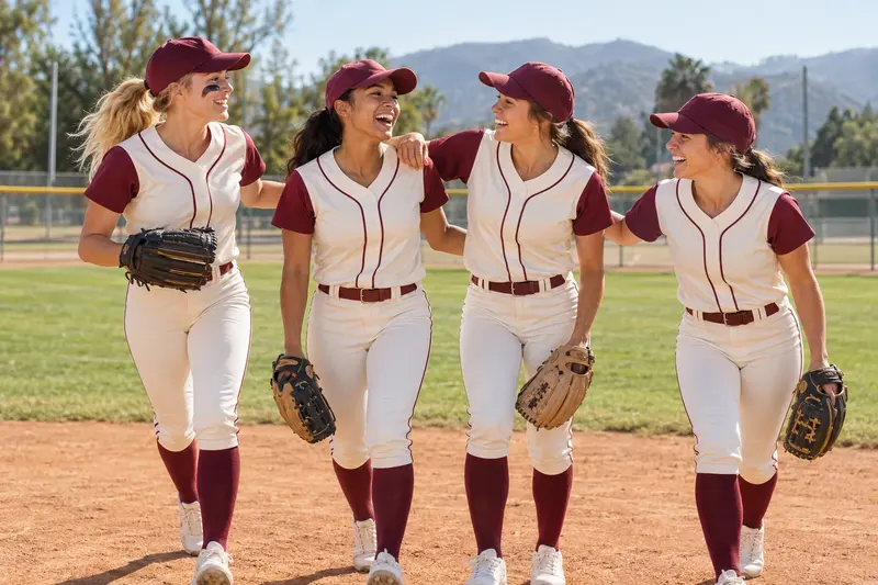 Teammates wearing coordinated burgundy and ivory uniforms
